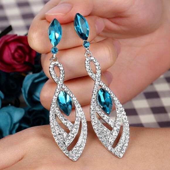 Silver with Blue Topaz and Diamond Austrian Crystal Twisted Chandelier Earrings - Picture 3 of 6